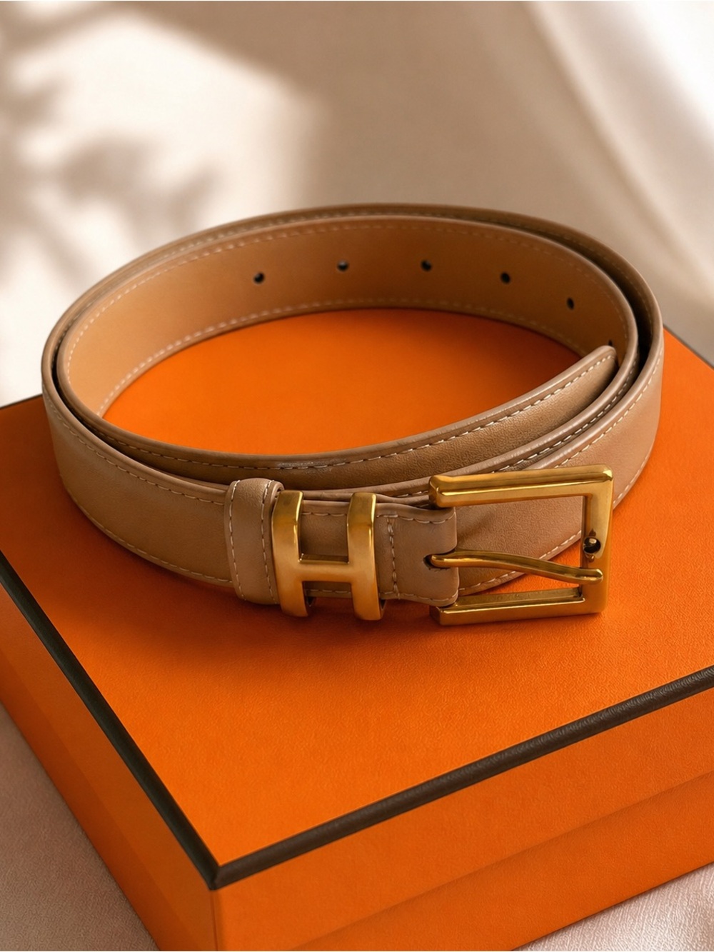 FREE Bundle Accent Piece w 3+ Items– Neutral Tan Gold Buckle Belt 32-36”